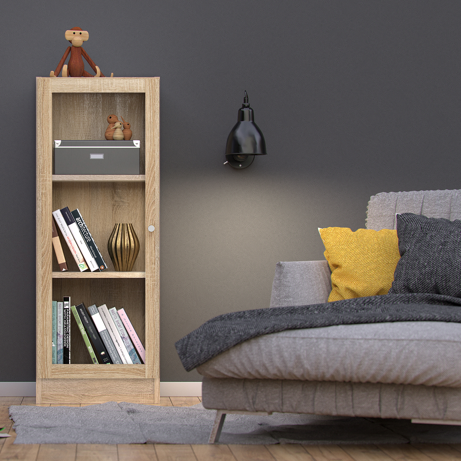 Furniture To Go Basic Low Narrow Display Cabinet (2 Shelves) With Glass Door - Oak / Oak