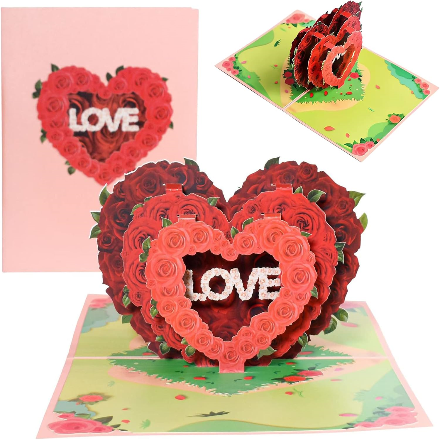Brightfeel Triple Rose Heart "Love" 3D Pop Up Greeting Card - White