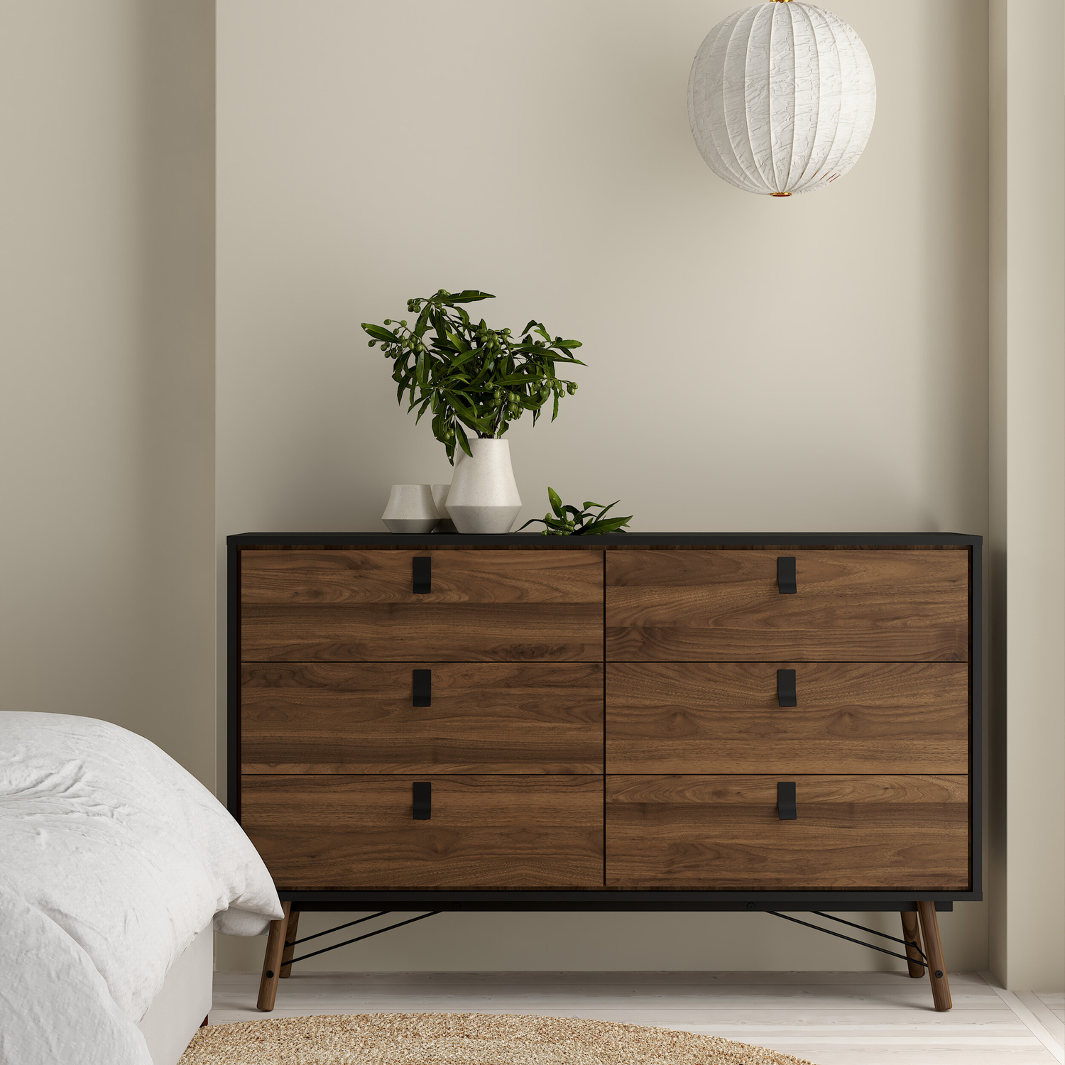 Rackhams Black Ry Wide Double Chest Of Drawers 6 Drawers In Matt Walnut - & Walnut - Matt - Melamine - Image 5