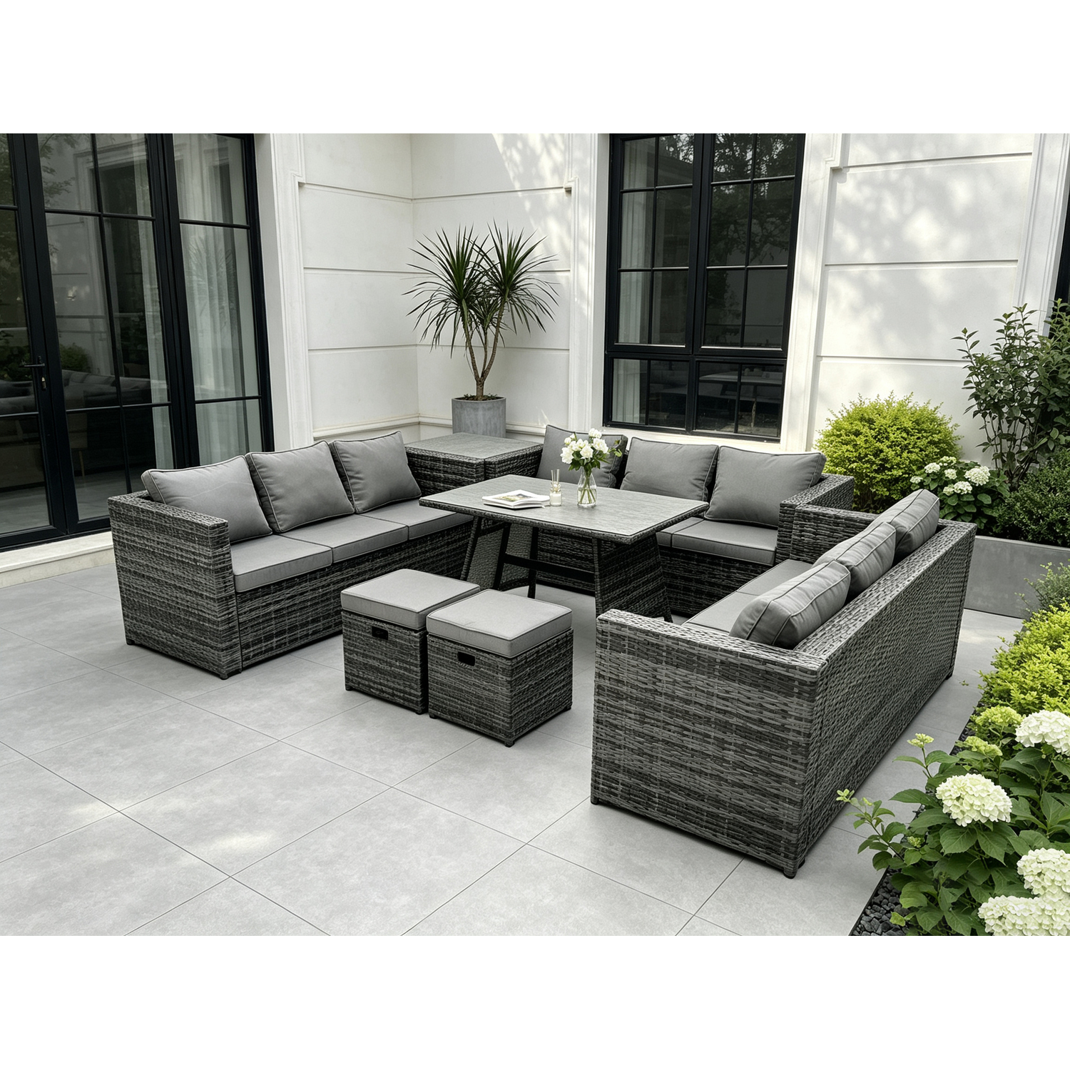 B&Q - Rattan Outdoor Furniture Lounge Sofa Garden Dining Set With Dining Table Side Table 2 Small Footstools - Image 2