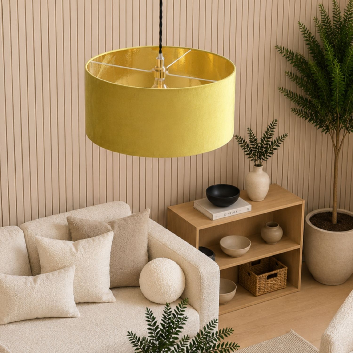 Cgc Lighting Cgc Milano Mustard Yellow & Gold Oversized Velvet Drum Lamp Shade - Mustard Yellow & Gold - Image 2