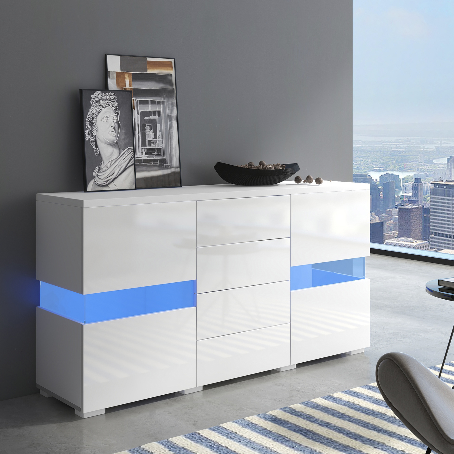 Aka Matt & High Gloss Sideboard Cabinet With Led Lighting, White - White