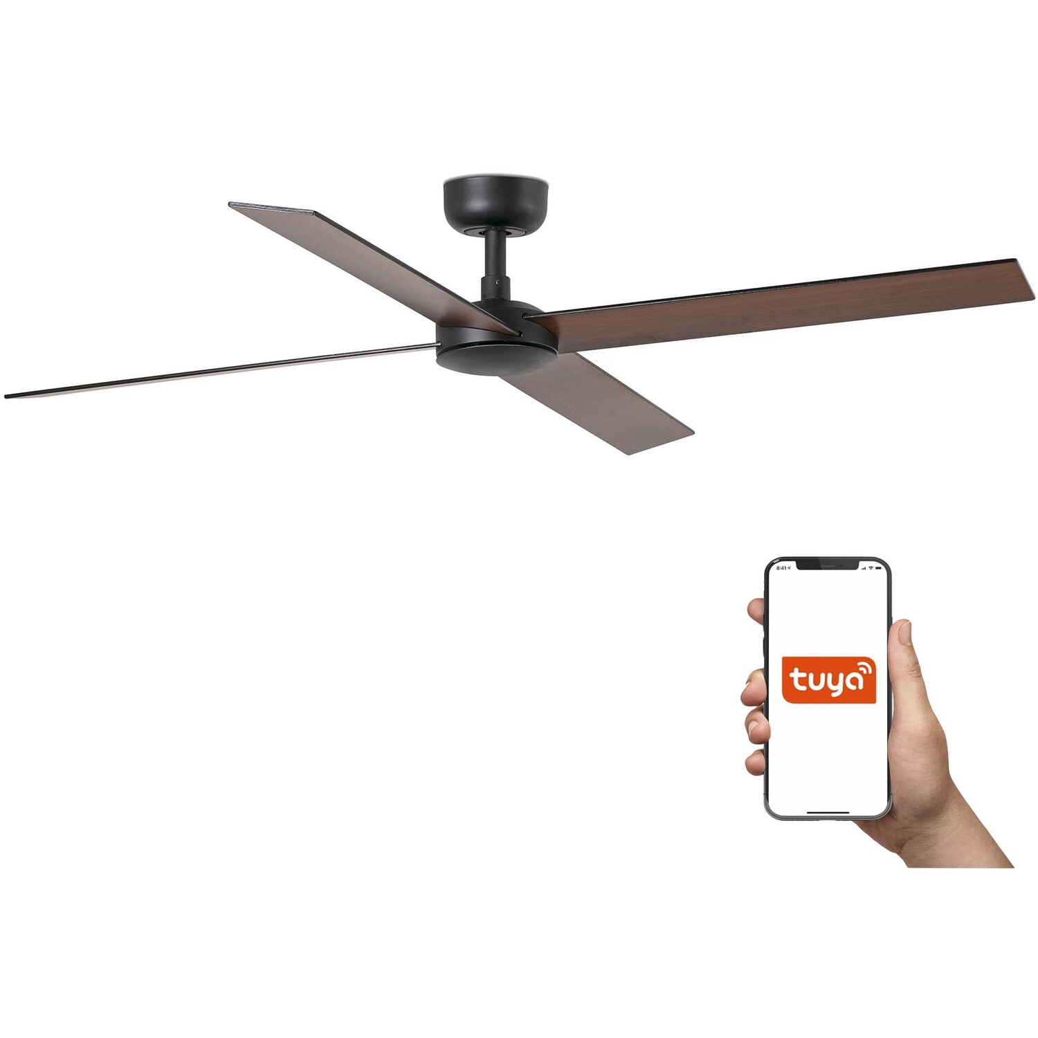 Rudder 132cm Smart Ceiling Fan Matt Black, Walnut Blade, 4 Blade Reversible - Image 2