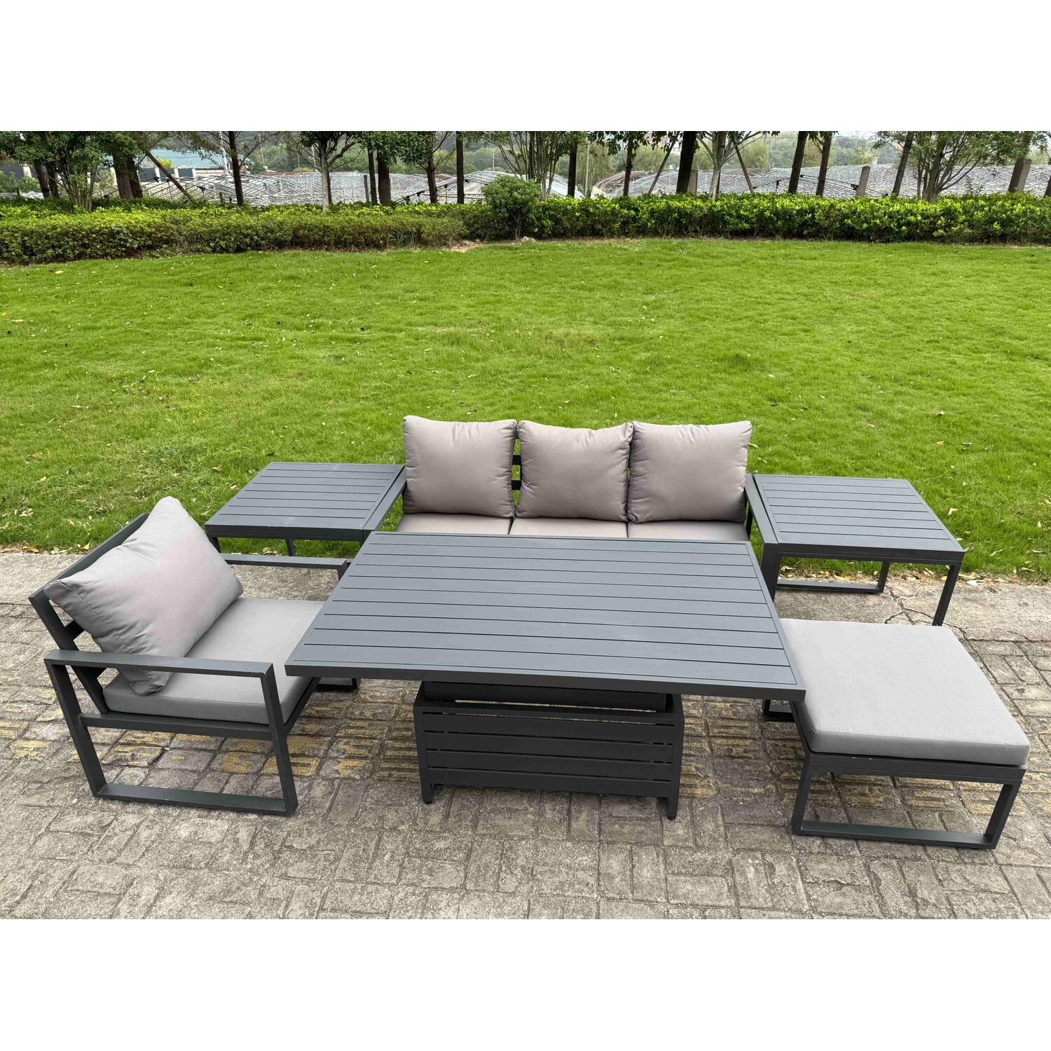 Fimous Dark/Grey 5 Seater Aluminium Garden Furniture Set With Adjustable Rising Dining Table, 2 Side Tables, Footstool - Image 2