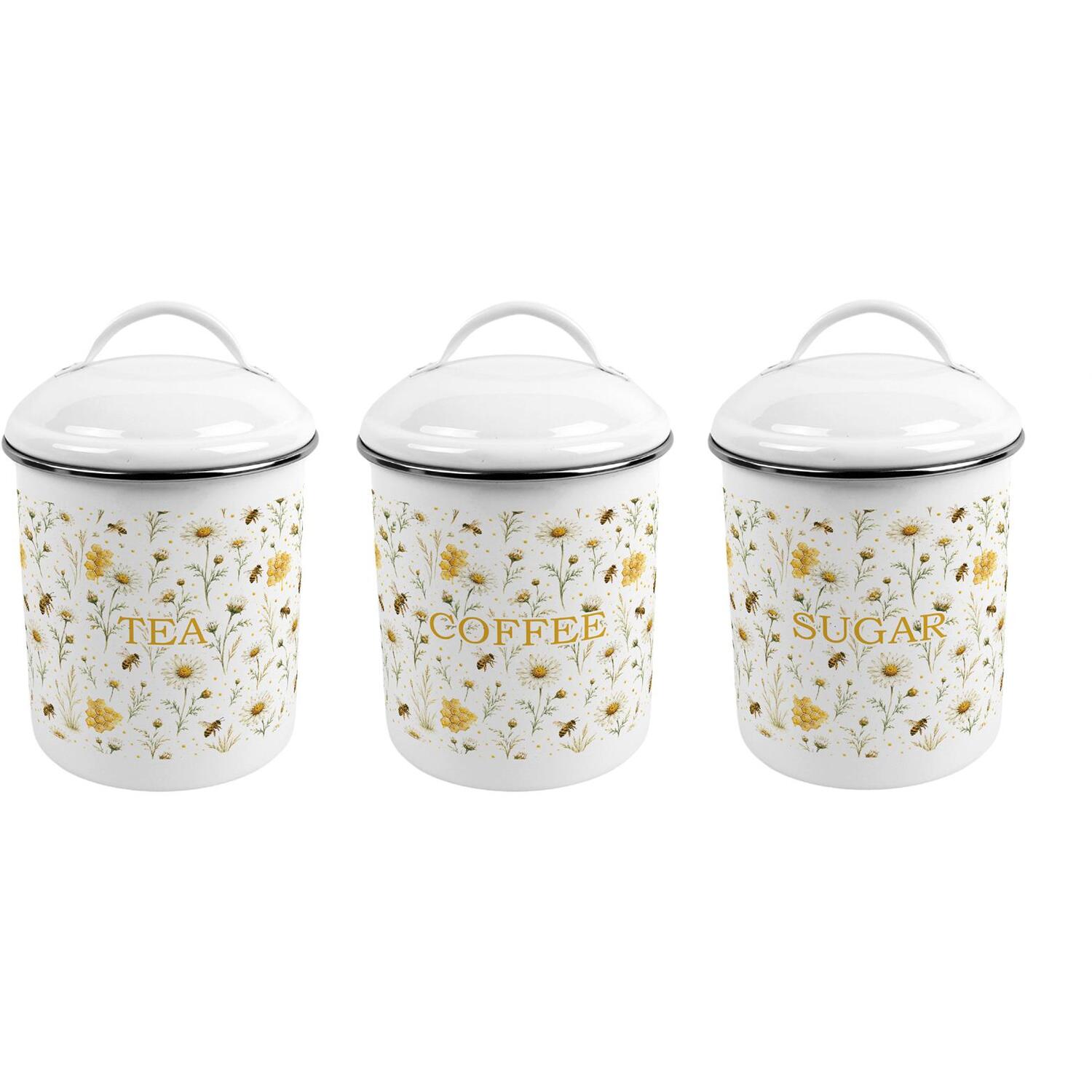 Purely Home Bee Meadow Canister Set - Tea, Coffee & Sugar - Metal Kitchen Storage Containers - Yellow
