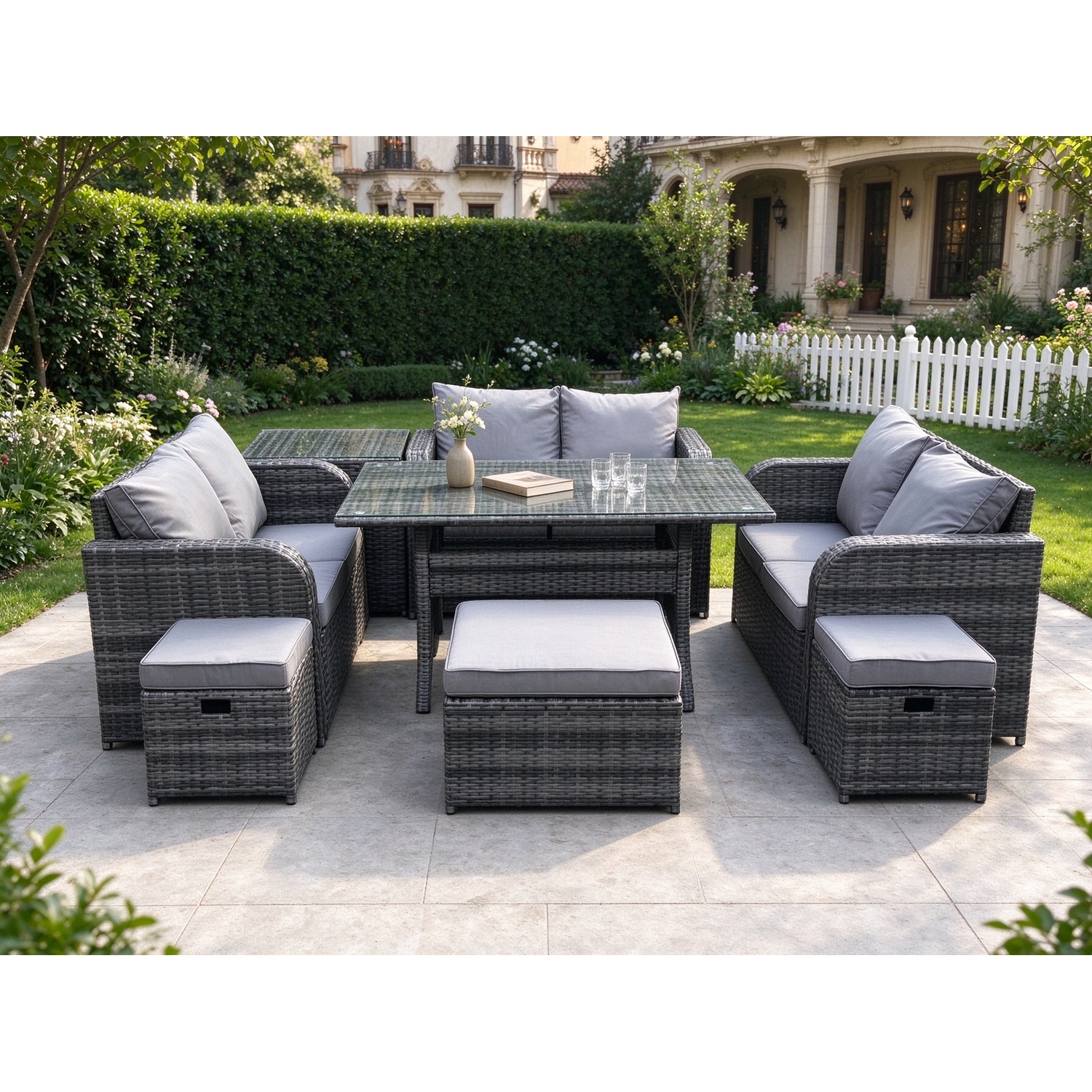 Fimous Dark/Grey 9 Seater Outdoor Rattan Garden Furniture Set With Patio Rectangular Dining Table Love Sofa Side Table 3 Footstools Mixed - Image 2