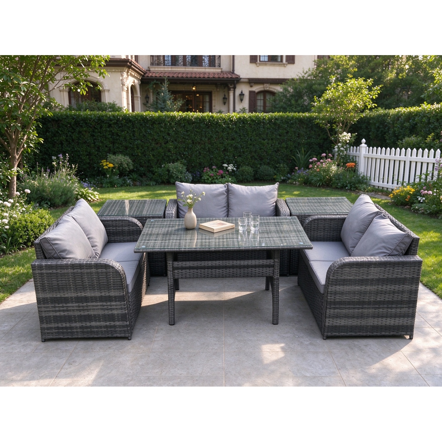 Fimous Dark/Grey 6 Seater Outdoor Rattan Garden Furniture Set With Patio Love Sofa Rectangular Dining Table 2 Side Tables Mixed - Image 2
