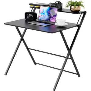 Folding Desk with 2-Tier Shelf, No Assembly, Black