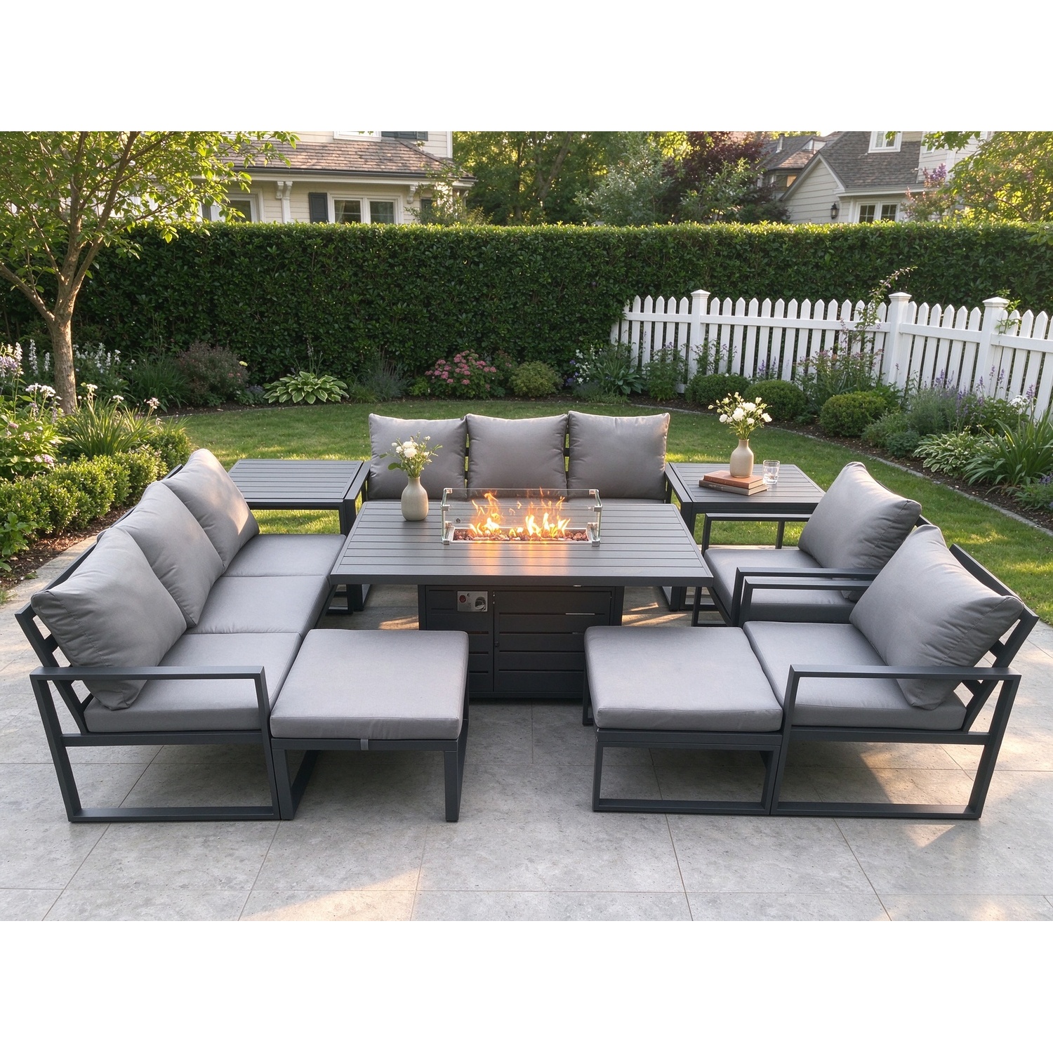 Fimous Dark/Grey Aluminium Outdoor Garden Furniture Set Patio Lounge Sofa Gas Fire Pit Dining Table Set With 2 Side Tables 2 Big Footstools - Image 2
