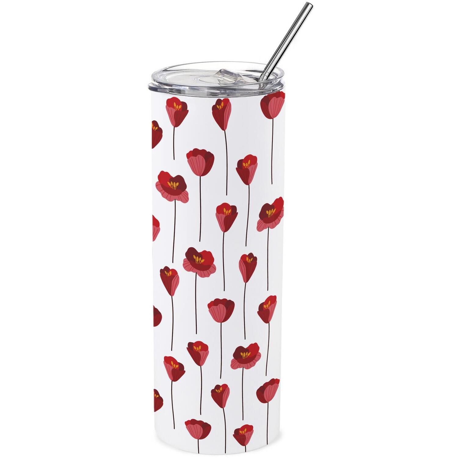 Minimalist Poppies Travel Flask - Reusable Metal Drinks Cup Gift with Straw - Image 2