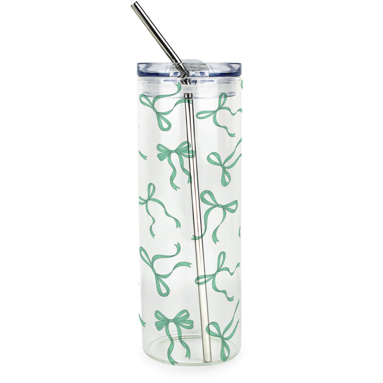 Green Bows Clear Glass Travel Flask - Drinks Tumbler Gift with Metal Straw - Image 2