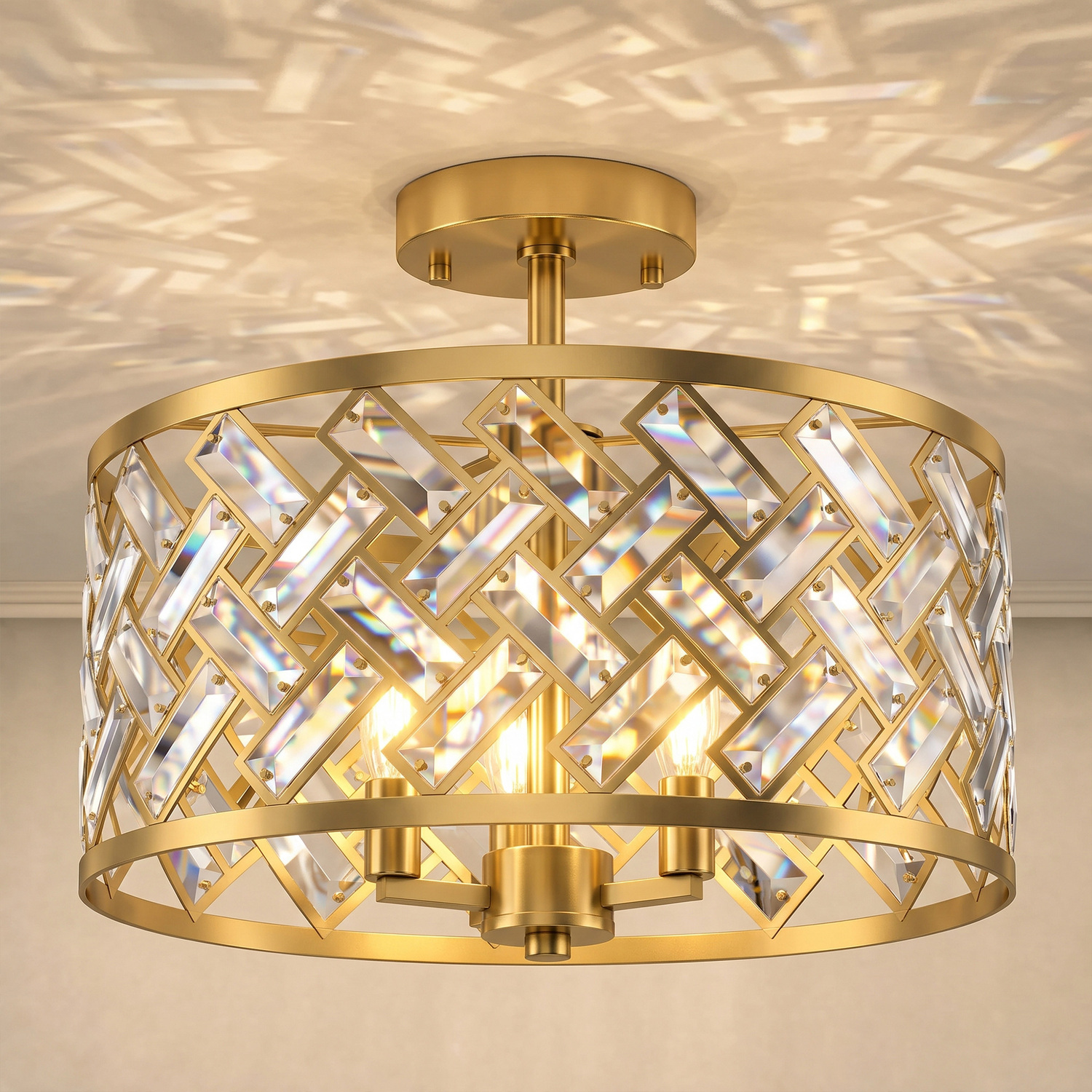 HOMCOM 3-Light Crystal Glass Ceiling Light, Modern Ceiling Lamp, Gold Tone - Image 5