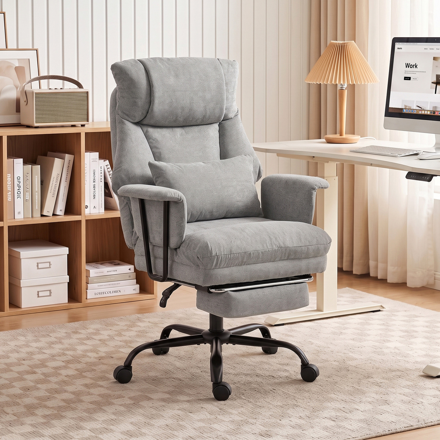 Homcom Grey Office Chair, 180Kg Heavy Duty Linen Computer Desk Chair With Lumbar Support, Wide Seat, Spring Cushion, - Image 3