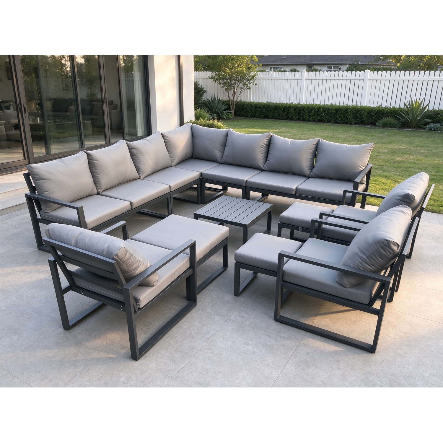 Fimous Unisex Dark Grey Seater Outdoor Garden Furniture Set Aluminium Lounge Corner Sofa Square Coffee Table 3 Pcs Chair Sets With 3 Footstools In Size 13 - Image 2