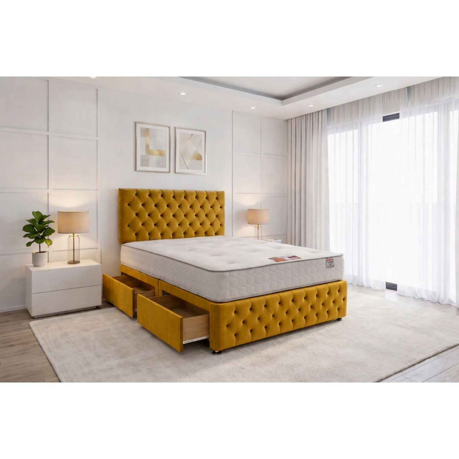 Knight Sleep Delaware Mustard Plush 6Ft Princess Sprung Divan Bed Set, 2 Drawers
