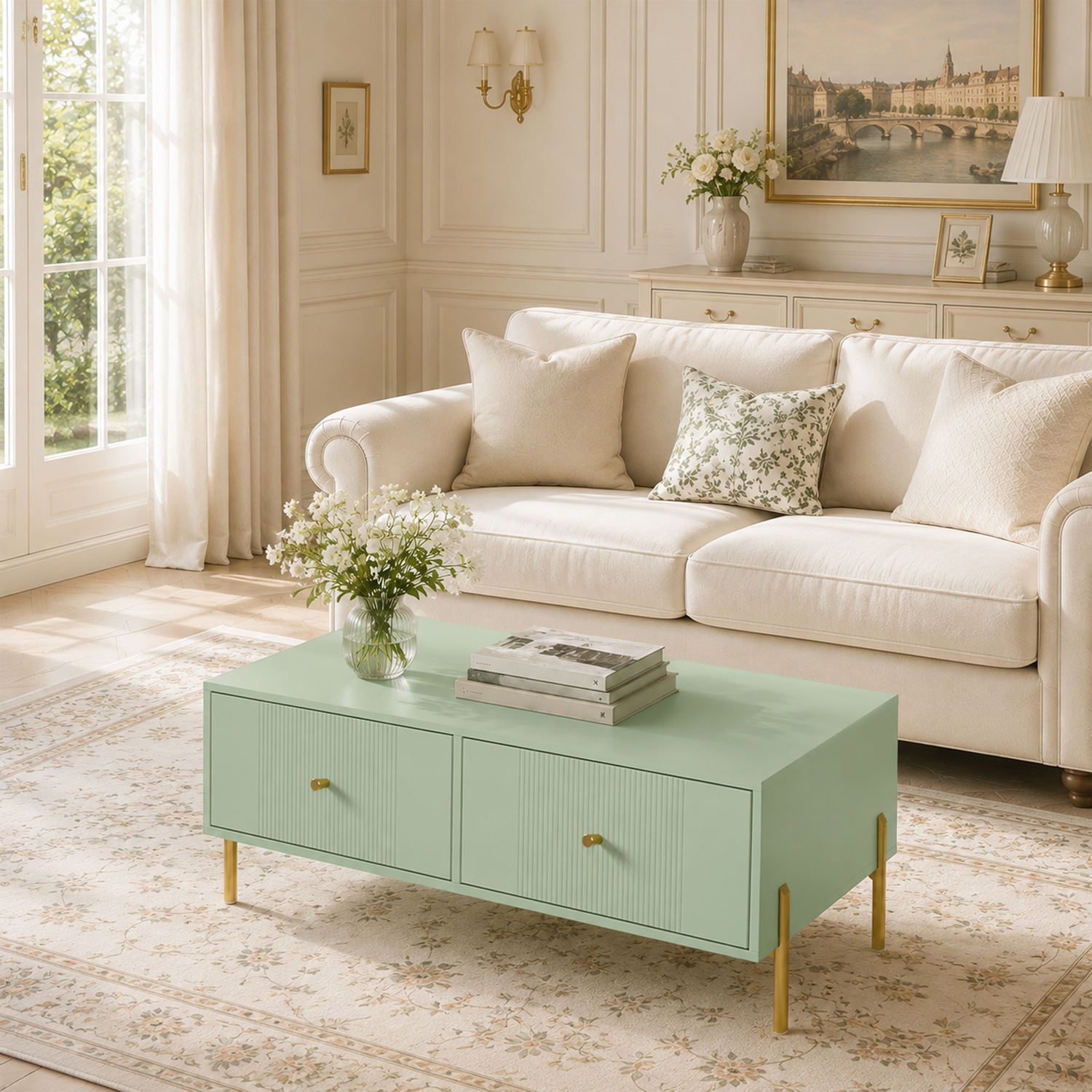 Rackhams Light/Green Coffee Table With 2 Drawers And Legs For Living Room, - Image 3