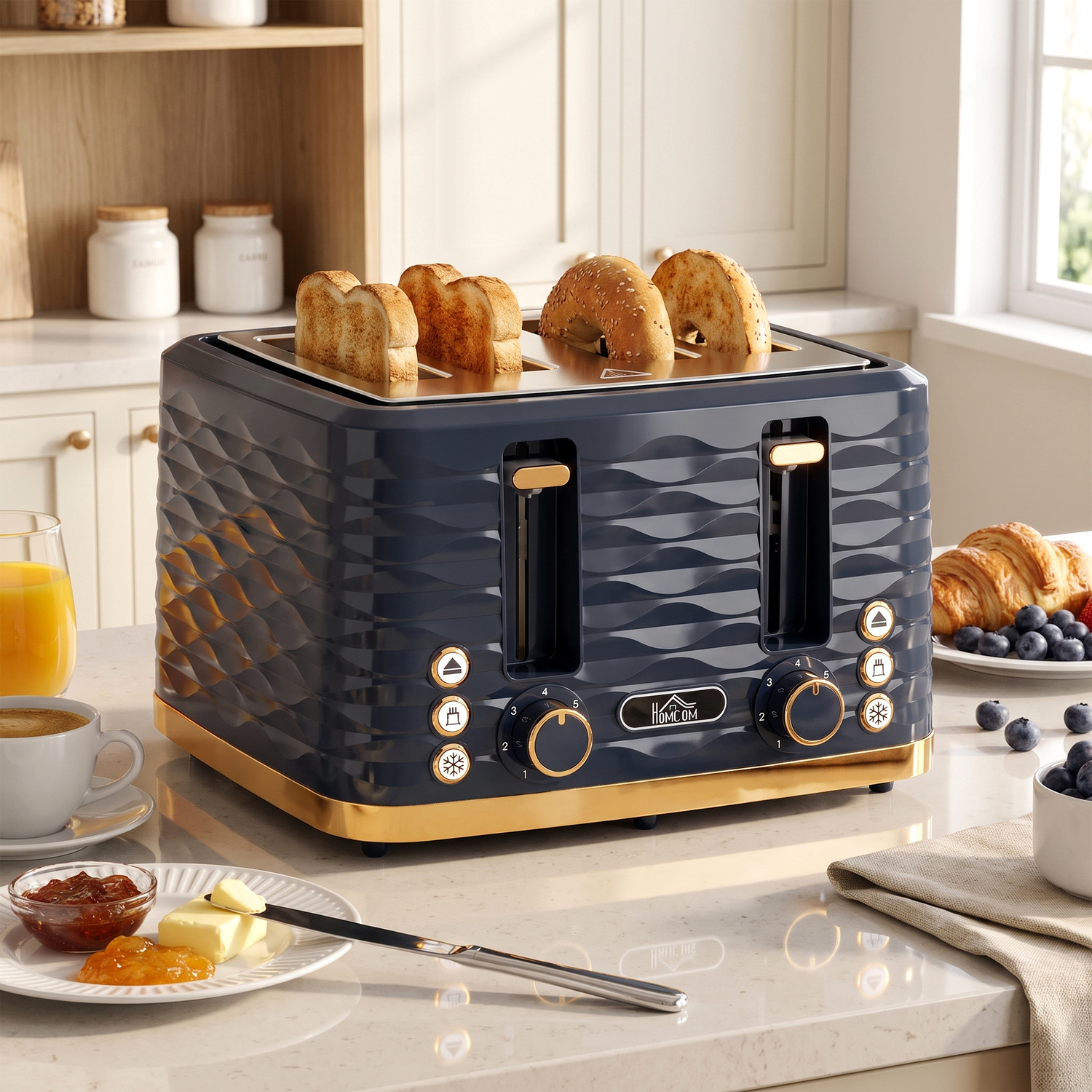 Homcom Dark/Blue Toaster With 4 Slot, 7 Browning Levels, 1860W, Ripple, - Image 2