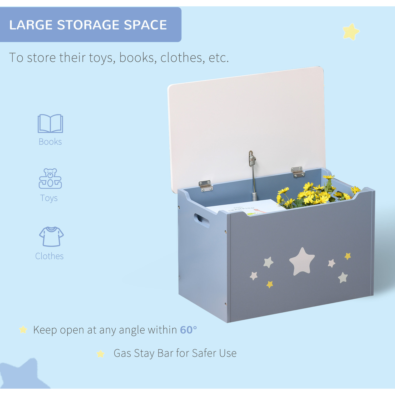 Homcom Kids Storage Chest With Safety Hinge Handles - Blue
