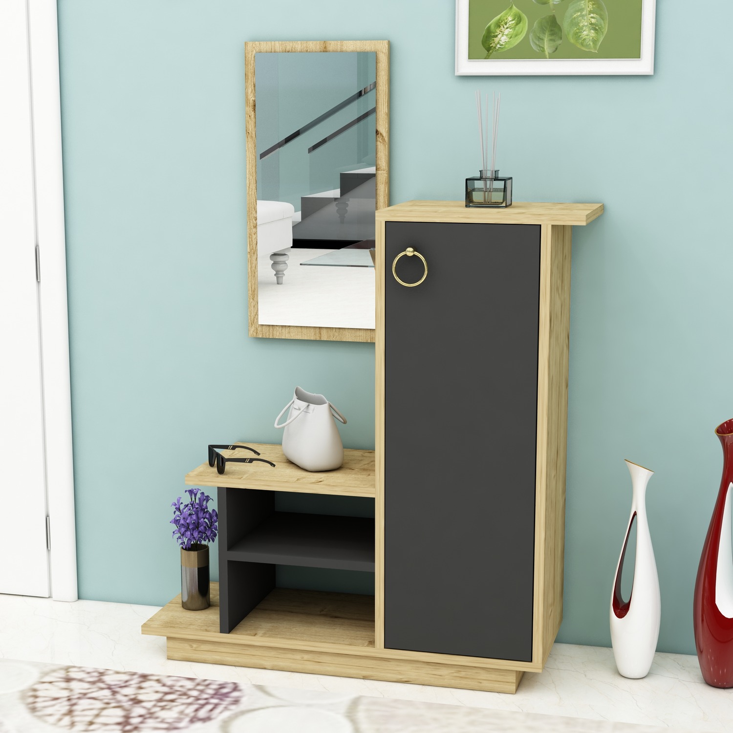 Console Table Dresuar With Cabinet Shelves And Mirror Albero - Anthracite - Sapphire Oak