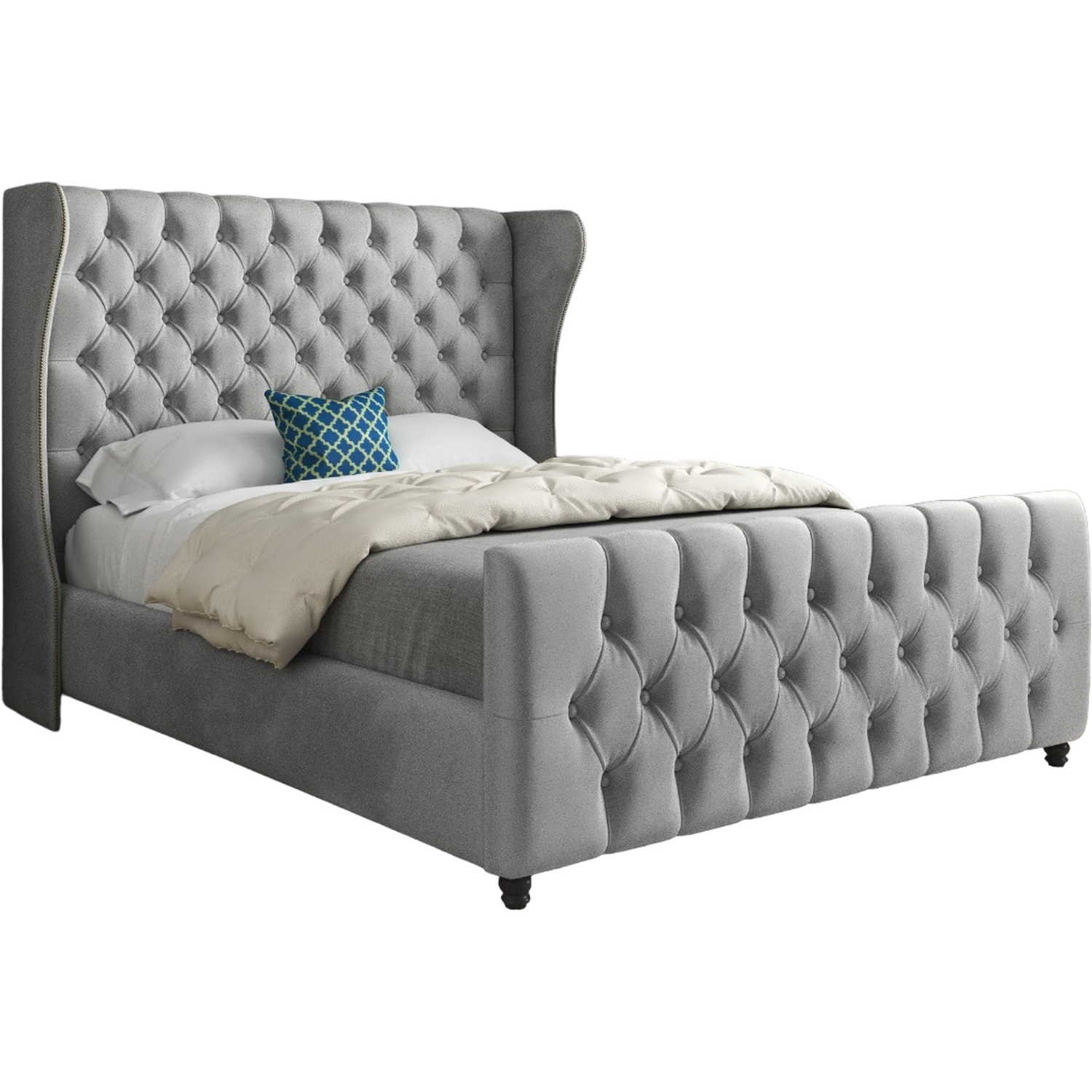 Donati Straight Curved Top Upholstered Soft Velvet Bed Frame - Grey King