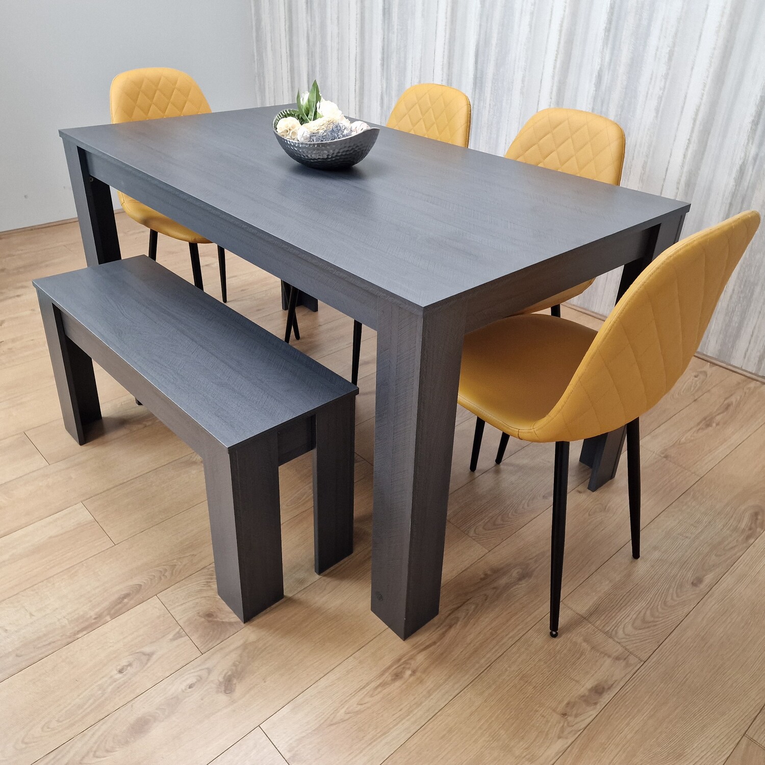 Grey Dining Table with 4 Stitched Mustard Chairs and 1 Bench Dining Set