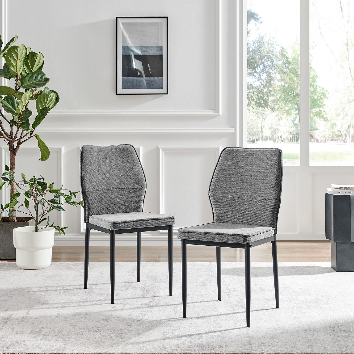 2x Riya Upholstered Fabric Kitchen Dining Chair With Black Legs - Grey