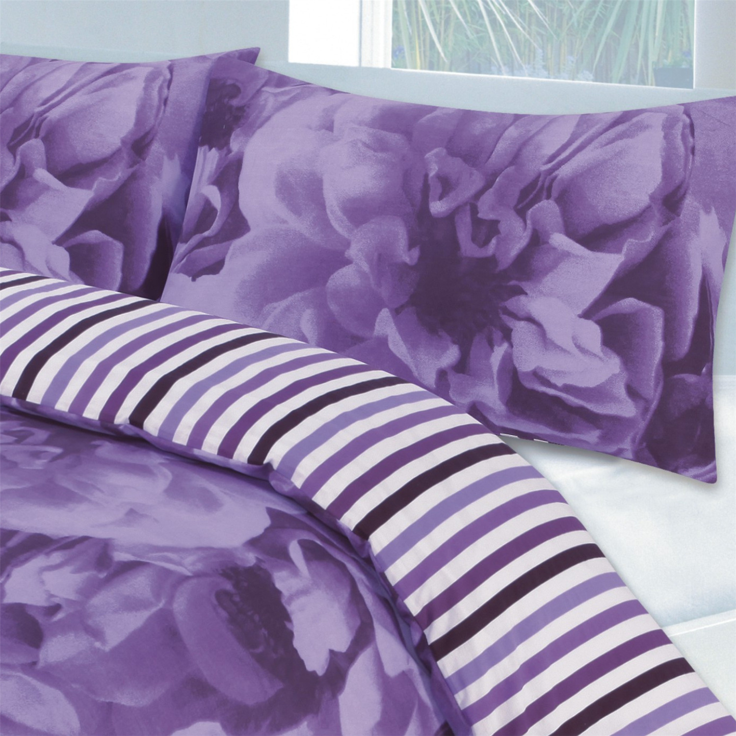 Rose Stripe Duvet Cover Set - Purple Super King