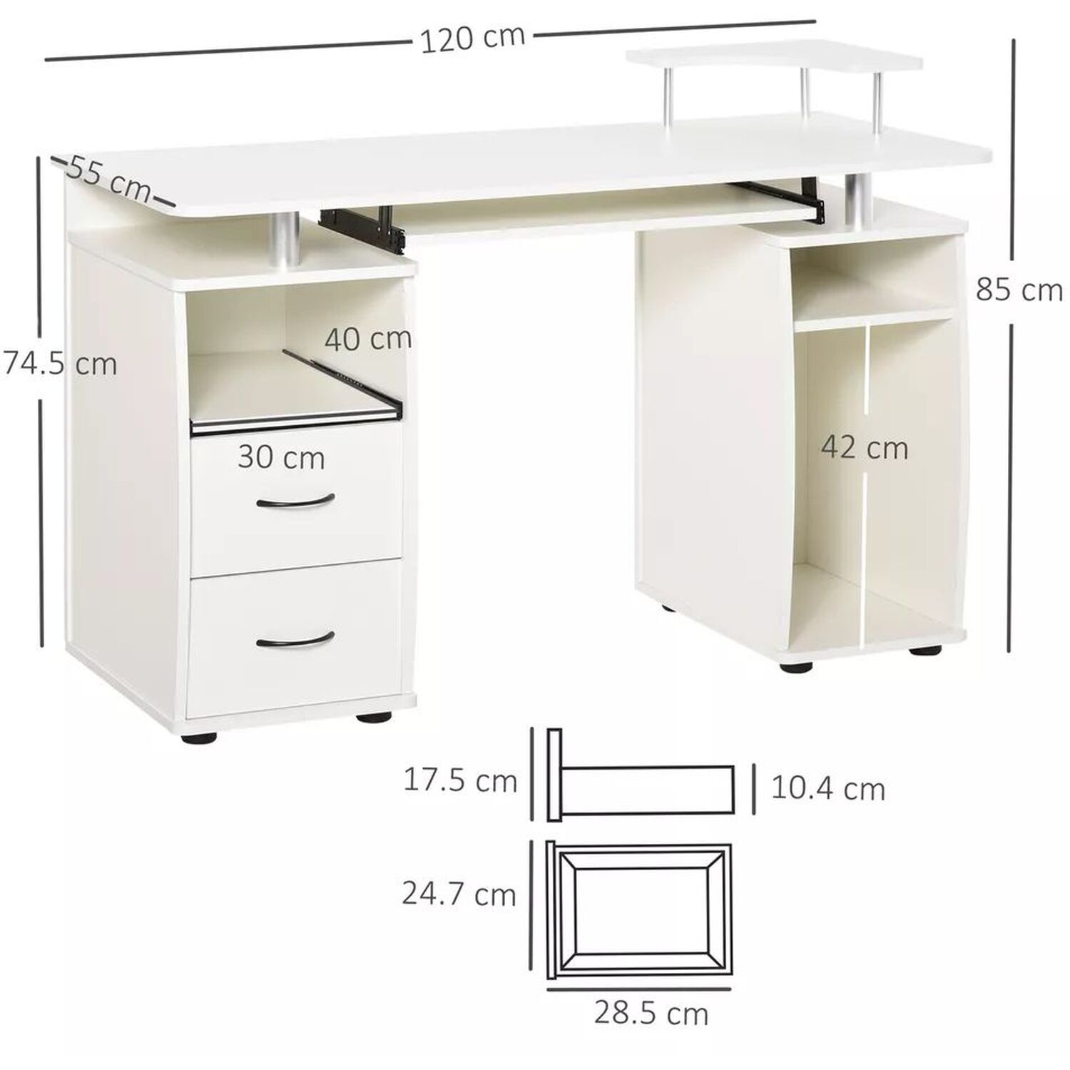 Modern Computer Desk With Drawers And Storage - White 85cm