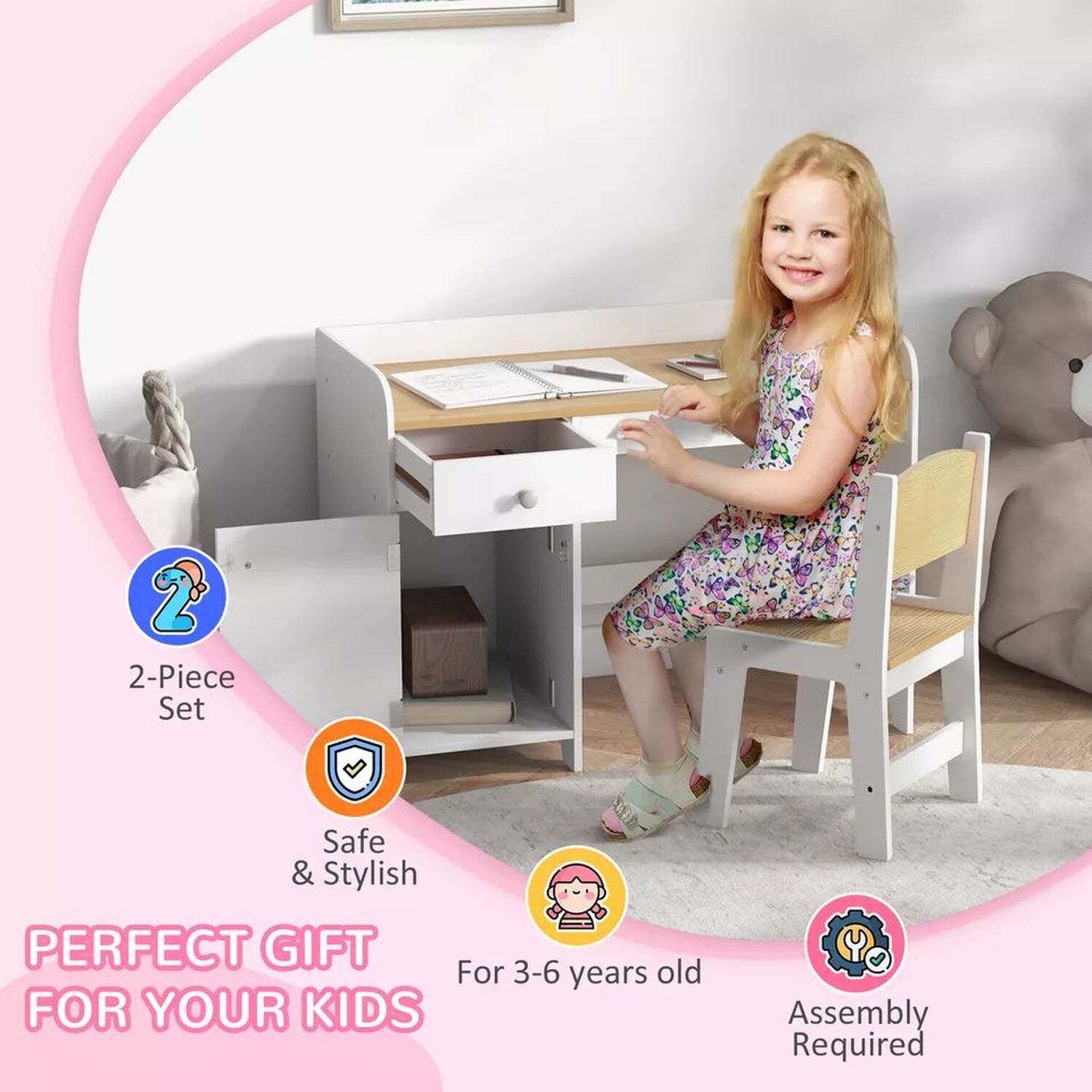 Kids Wooden Desk And Chair - Natural And White