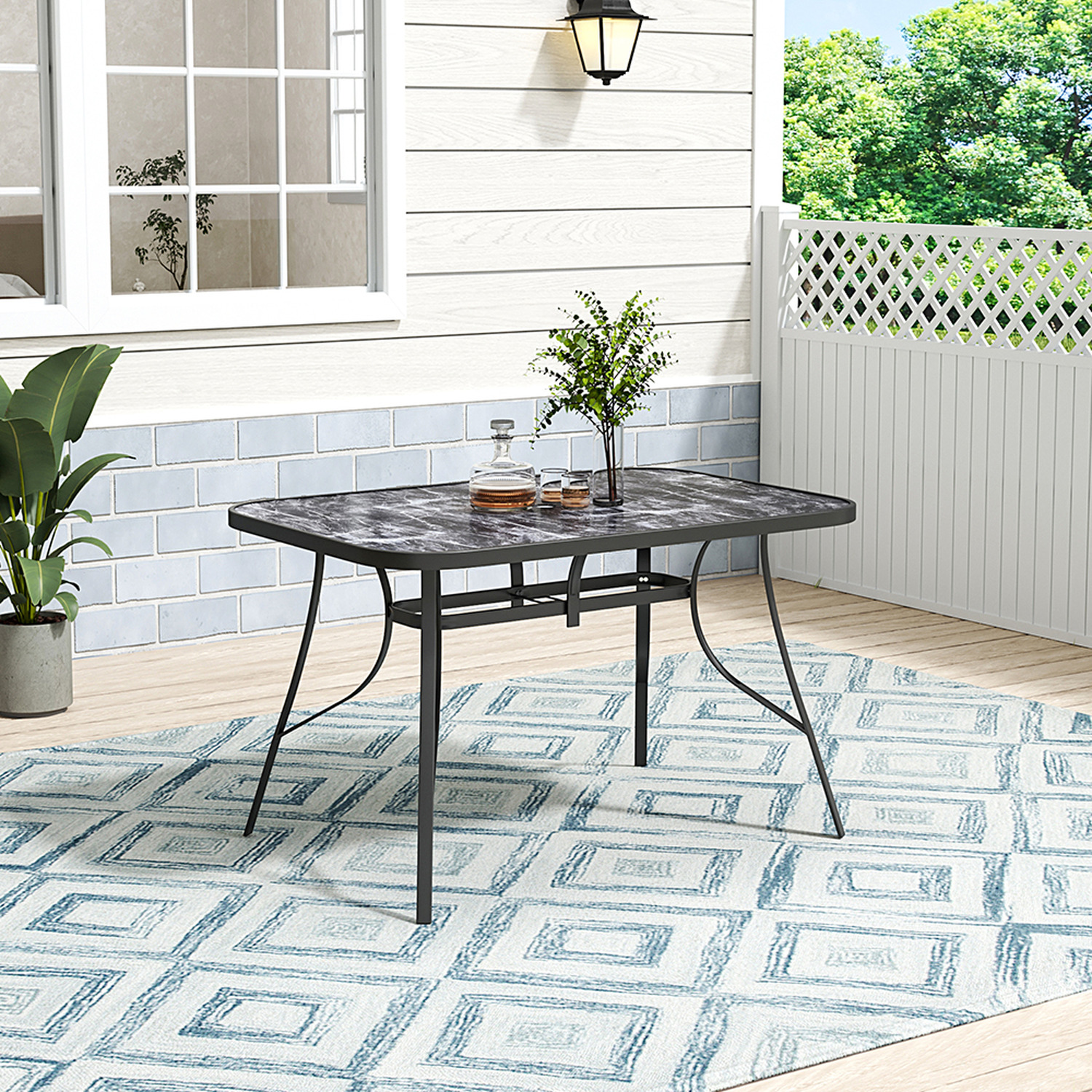 Lifeideas Garden Rectangular Marble Effect Coffee Table - Black / 80Cm / Metaltempered Glass