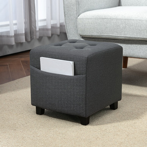 HOMCOM Square Footstool Small Ottoman with Side Pocket for Living Room