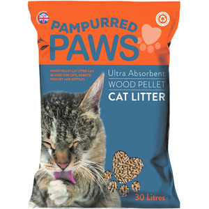 Pampurred Paws Premium Cat Litter Ultra Absorbent Wood Pellets 30 Litres