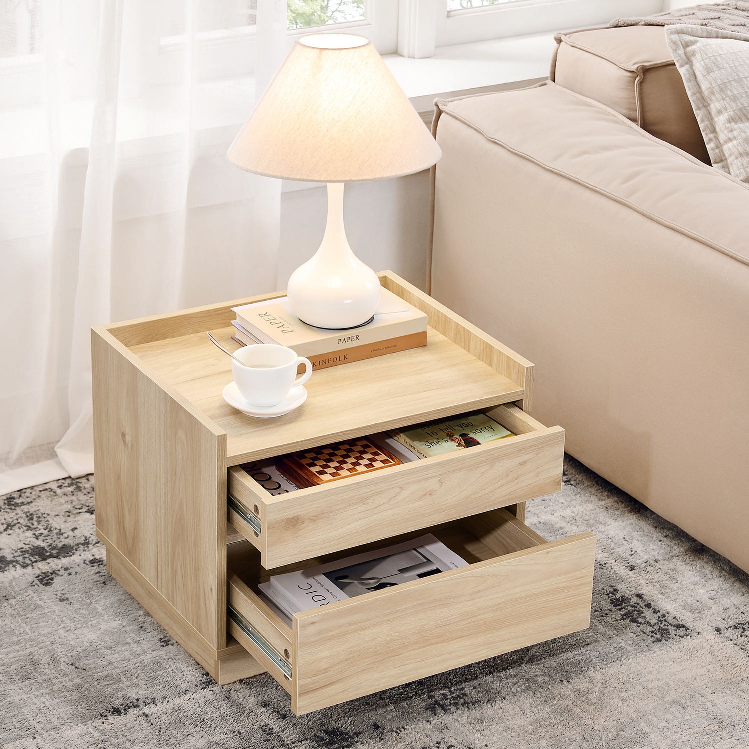 Grainy Nightstand Bedside Table With Drawers - Natural