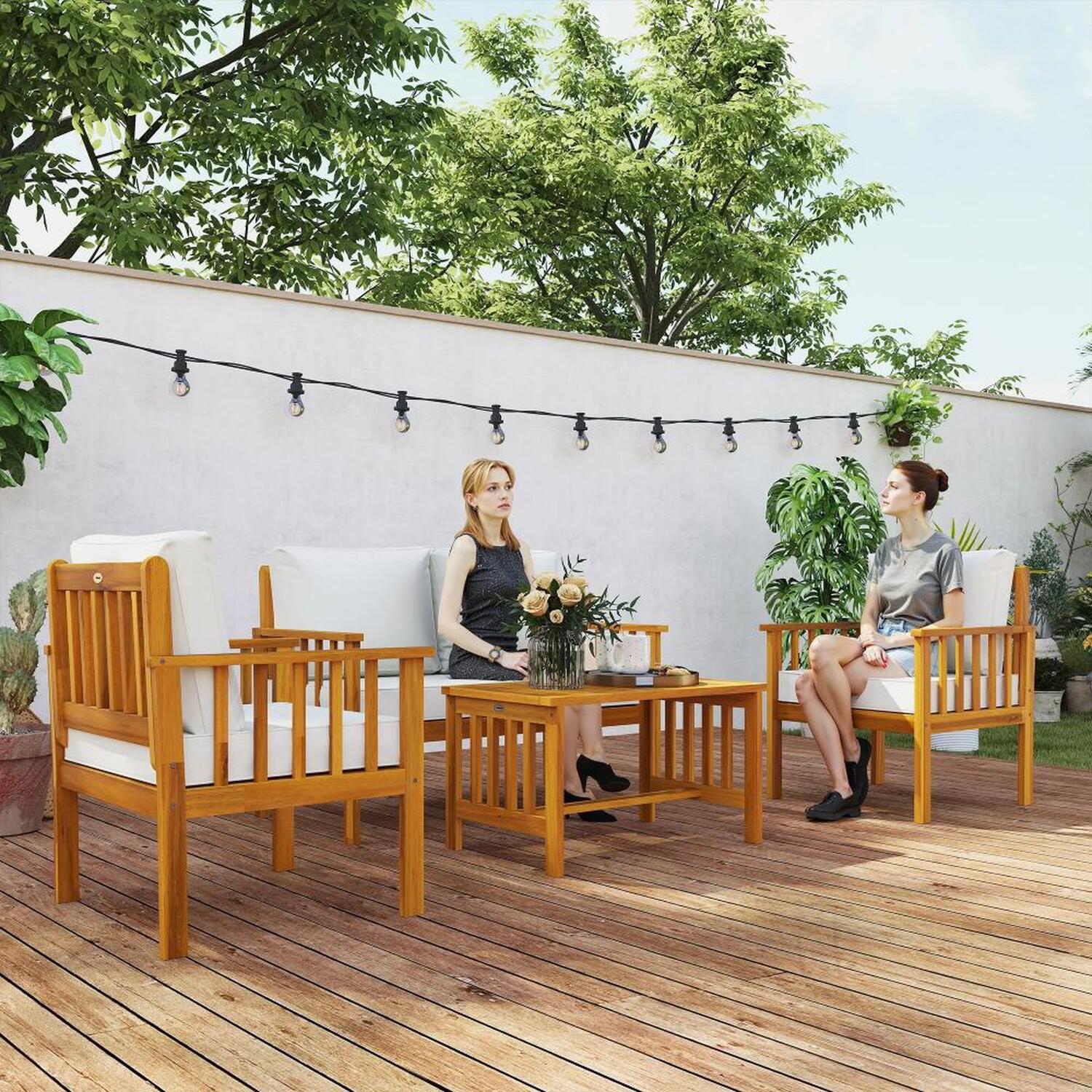 Acacia Wood Garden Sofa Set - Cream