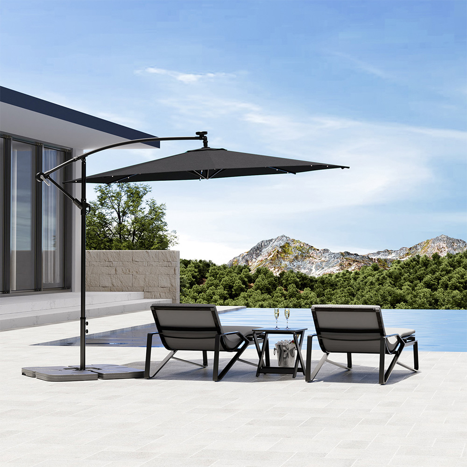 Kidkid 3M Parasol Garden Umbrella With Led And Square Base - Dark Grey