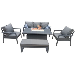 6 Seater Aluminum Garden Furniture Set Fire PitLift Dining Table Set w Cushion