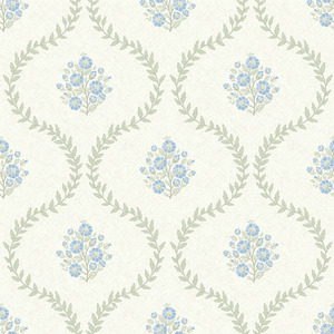 Posy Trellis Wallpaper in Blue and Sage on Cream