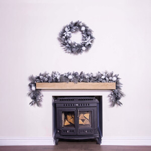 Decorated Silver Mixed Pine Garland with White Poinsettia