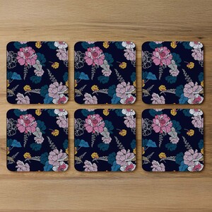 Pink Flowers On Navy Coaster