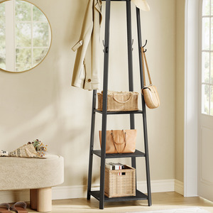 Coat Stand, Coat Rack with 8 Double Hooks, 4 Shelves, Clothes Rails