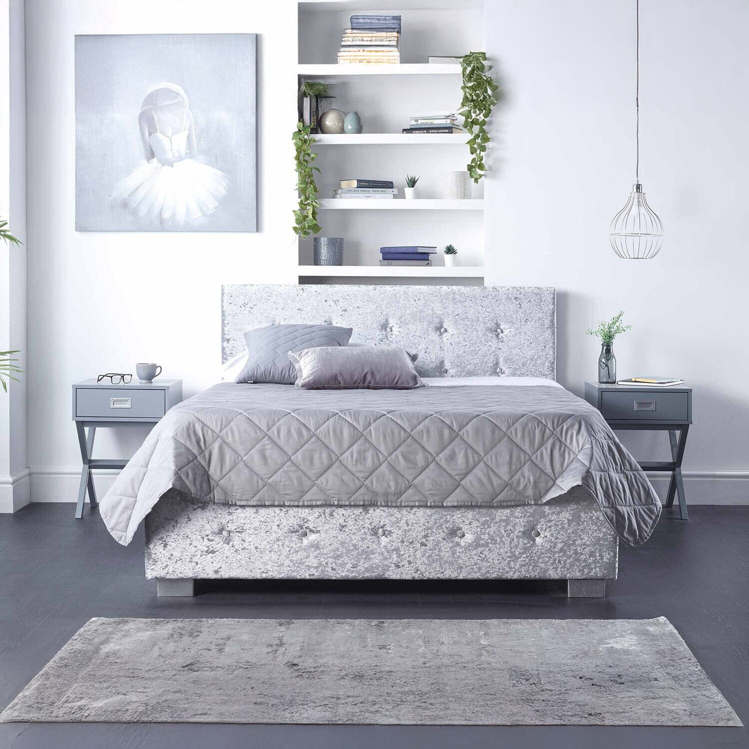 Aspire Side Opening Ottoman Storage Bed - Silver crushed velvet fabric / Single / 205cm