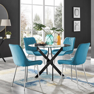 Novara Black Leg Round Glass Dining Table  4 Pesaro Silver Chairs