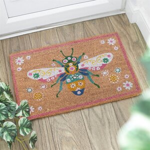 Natural Floral Bee Doormat Welcome Guests with Colorful Bloom Bee Design