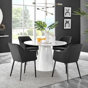 Palma White High Gloss Round Dining Table and 4 Calla Black Leg Chairs