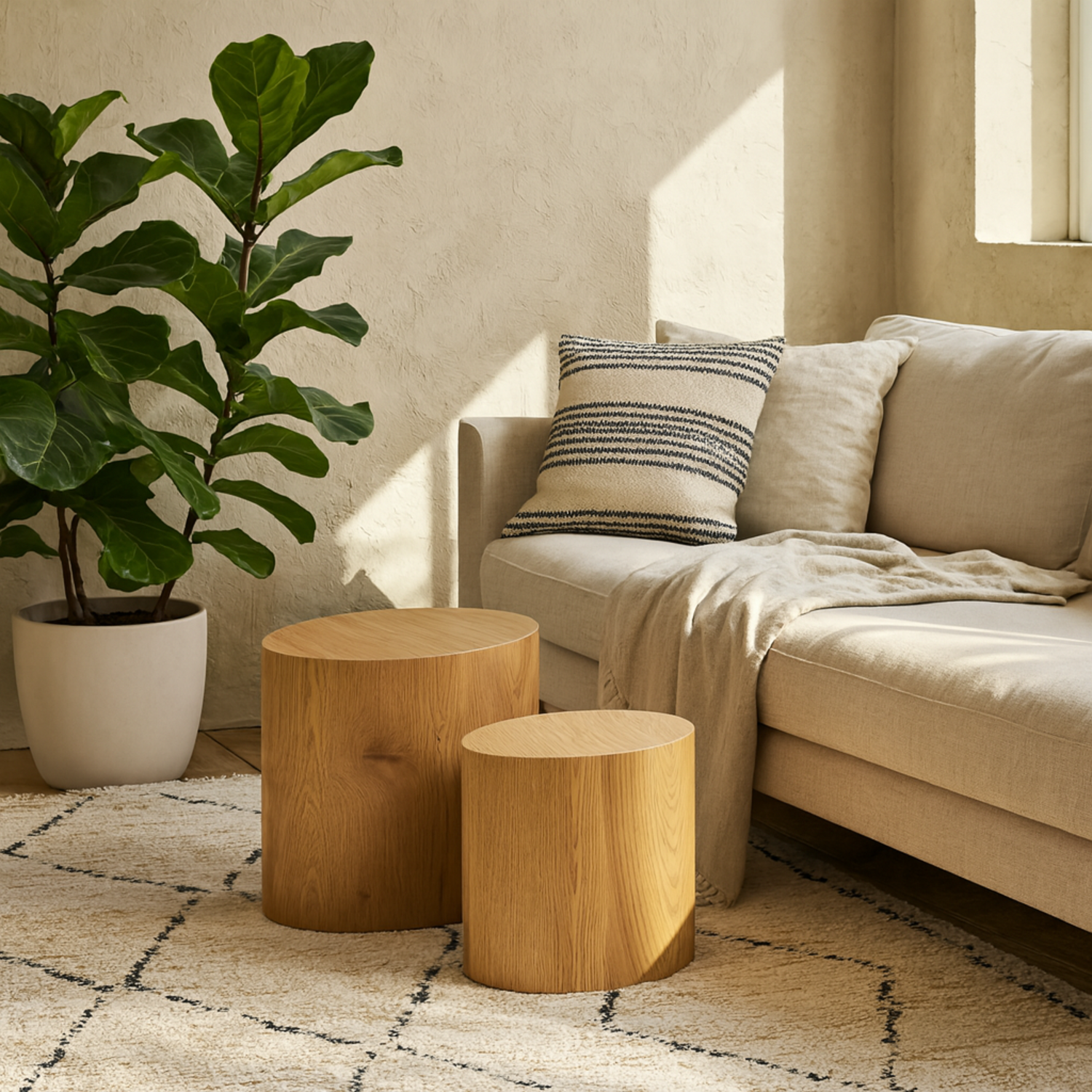 Wyld Haus Sendai Oval Coffee Table Set, Matt Natural Oak Effect, Pair - Natural