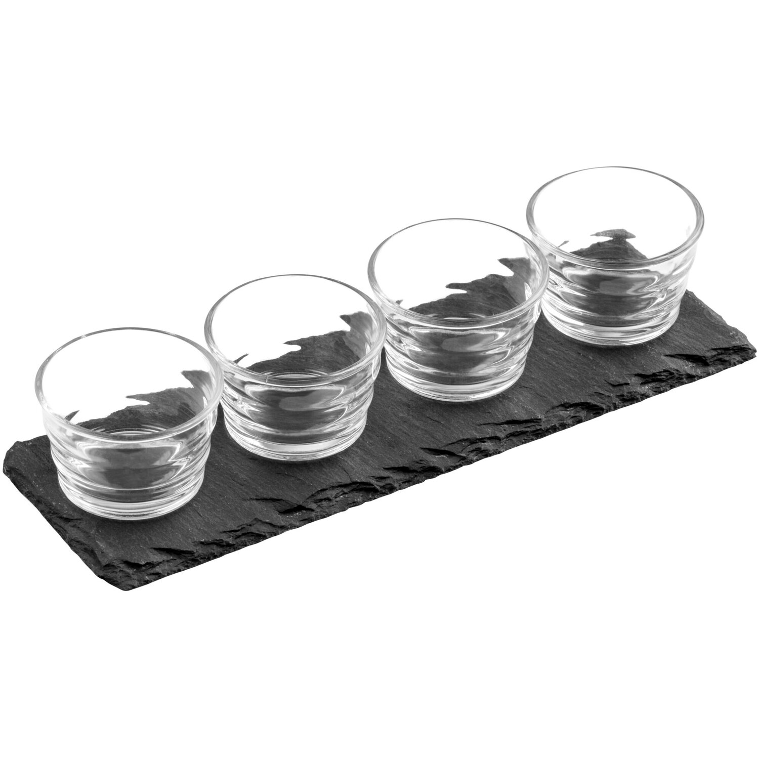 Preto 4 Ribbed Glass Bowls Slate Tray Set - Grey