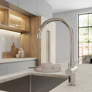 Kitchen Sink Mixer Tap Dual Lever Modern Mono Curved Swivel Spout Swan Chrome