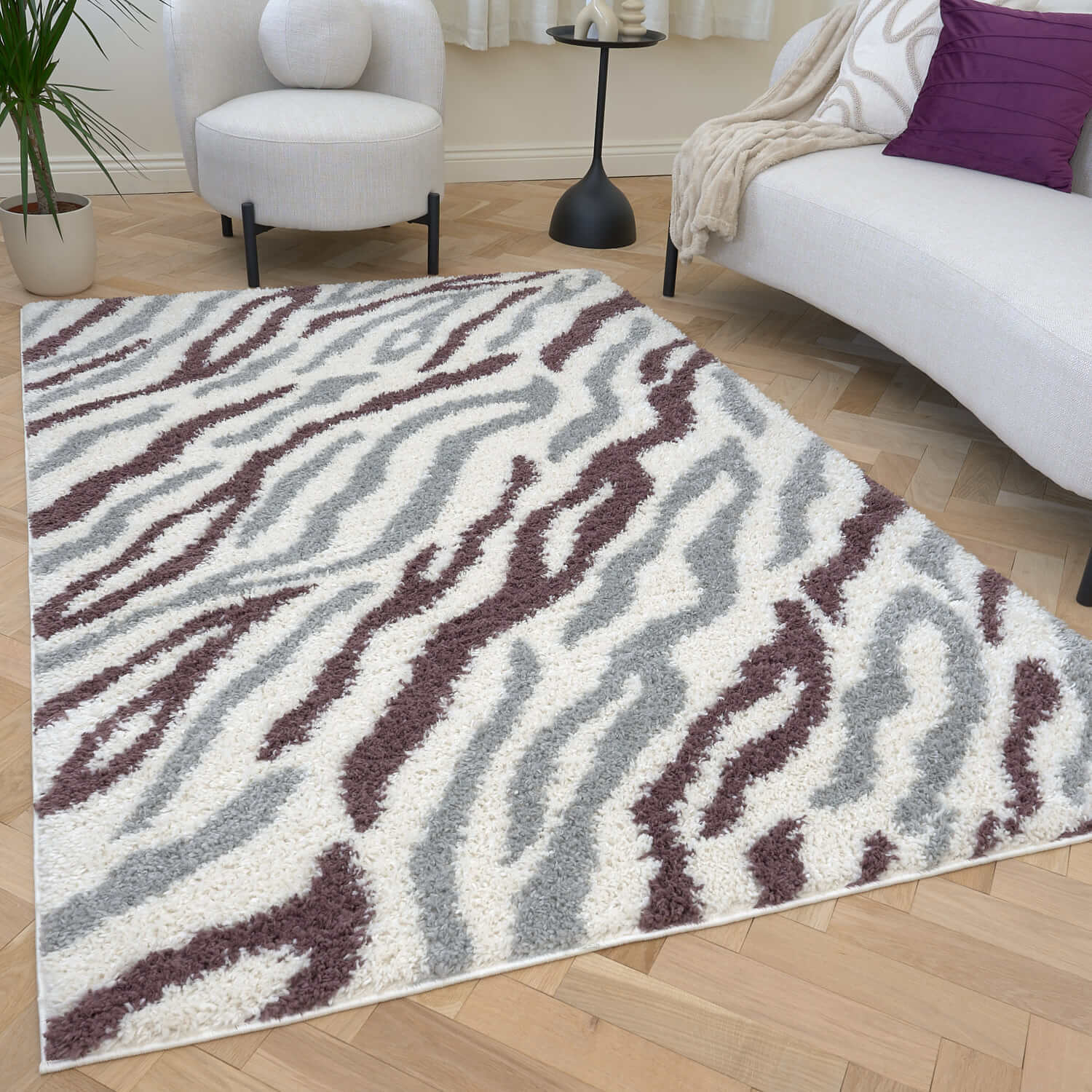 THE RUGS Soft Shaggy Area Rug – Modern Patterned Carpet for Living Room & Bedroom, Extra Plush, Easy to Clean, Zebra Pattern Design (160x230 cm, Grey/Purple) - Image 3