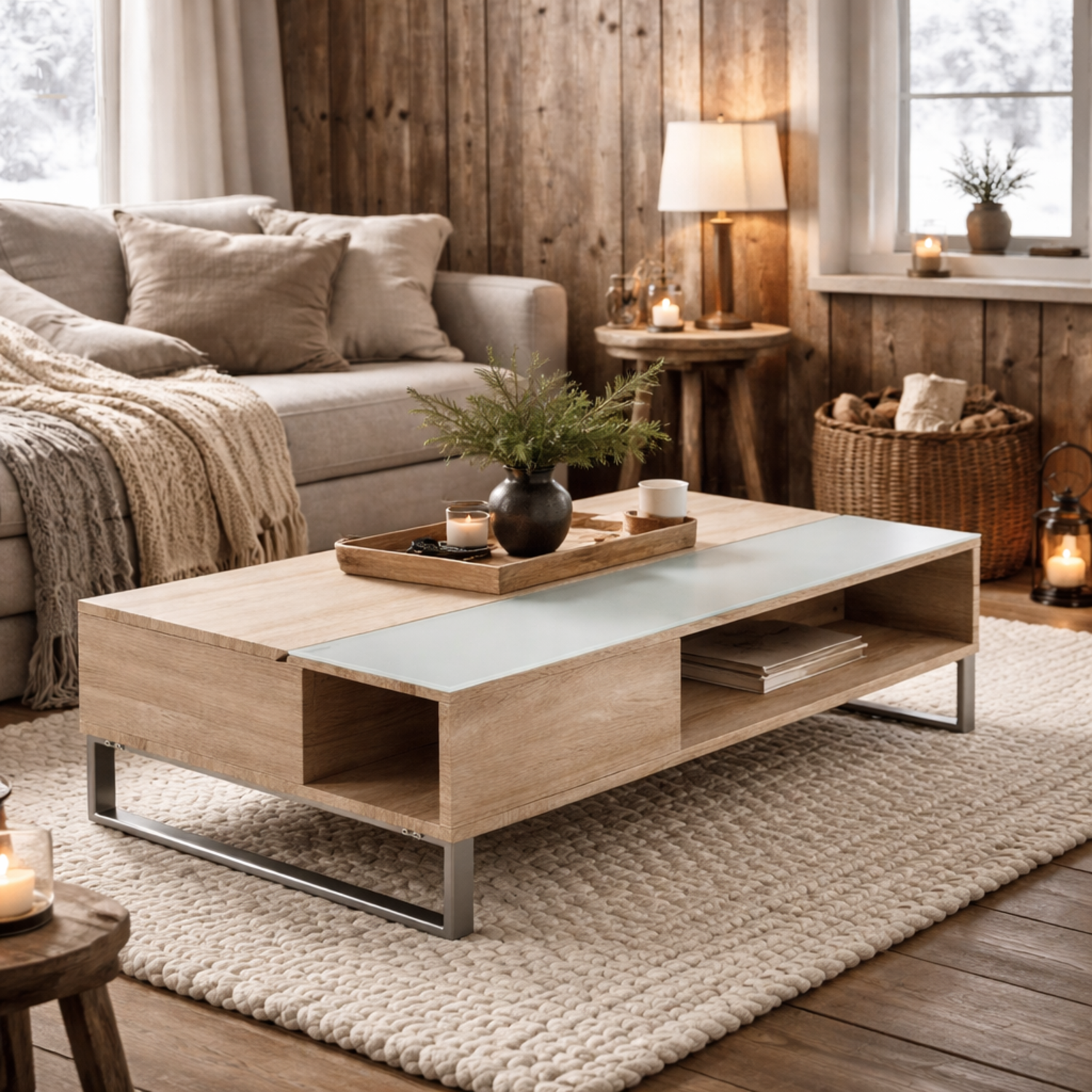 Salford Lift Up Coffee Table Sonoma With Glass Top - White
