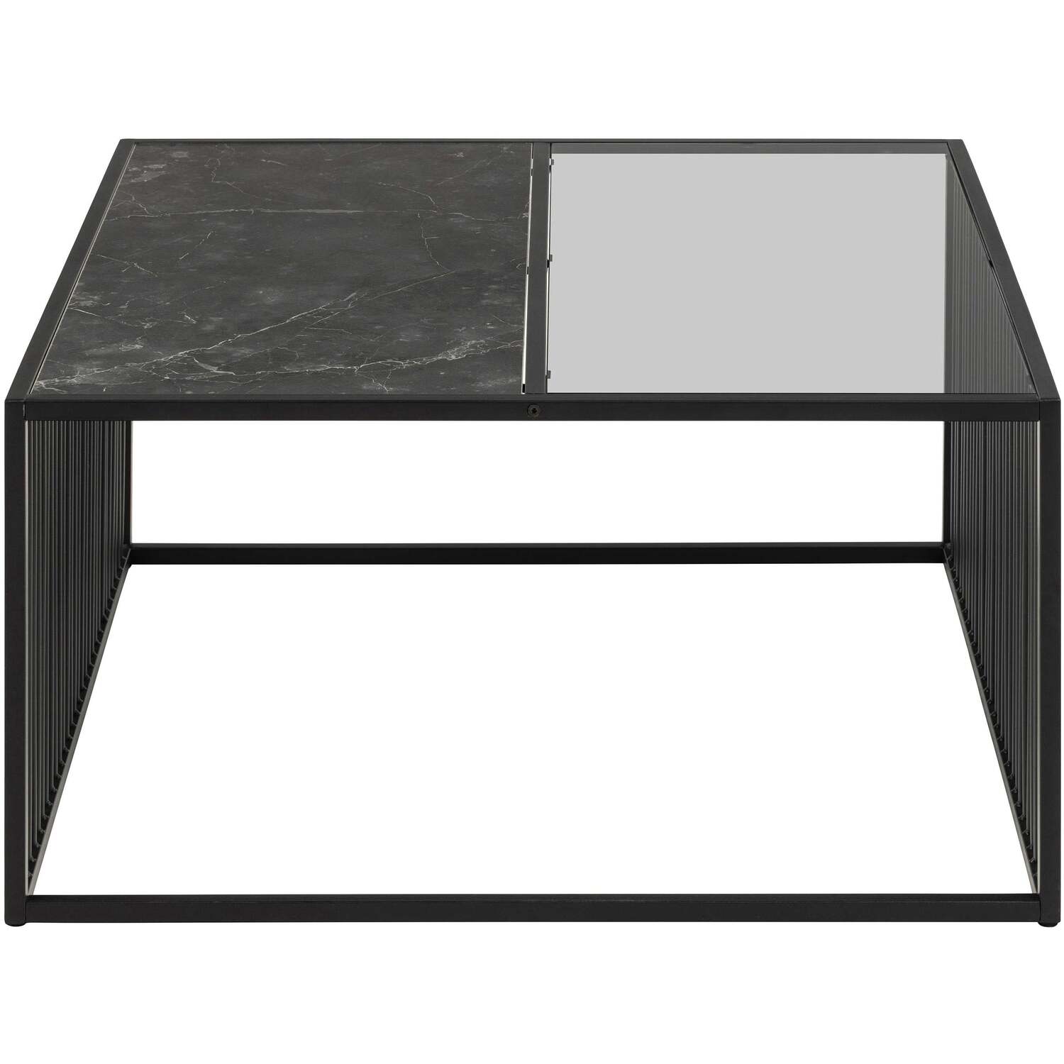 Porto Square Coffee Table Metal Frame Stone Effect Glass Top - Black